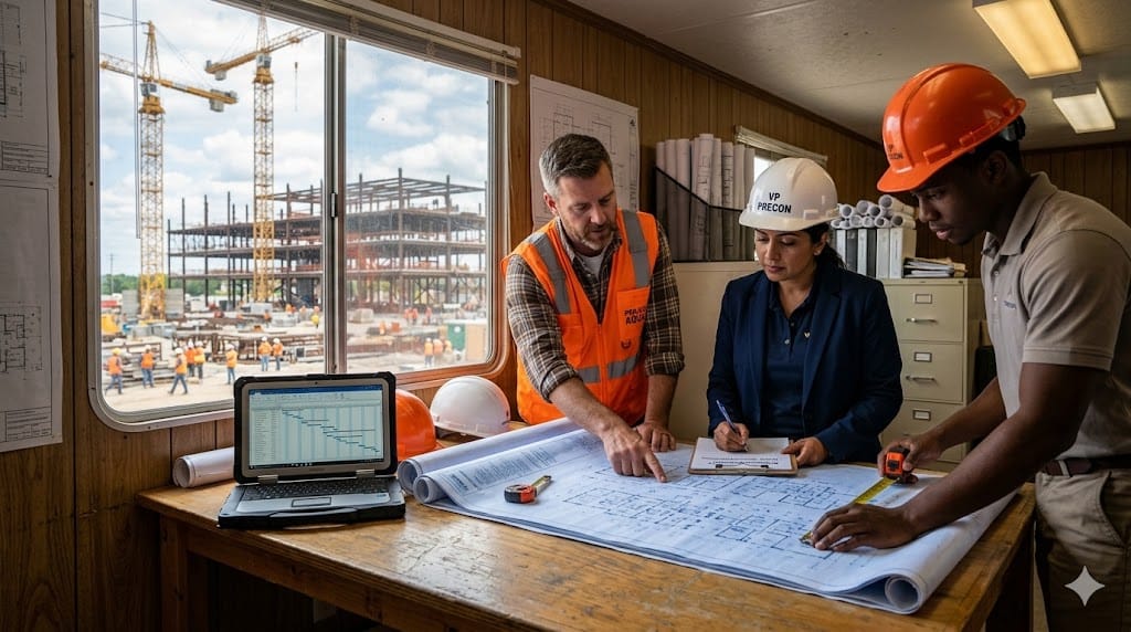 Construction executives reviewing blueprints and project plans inside site office for large-scale development