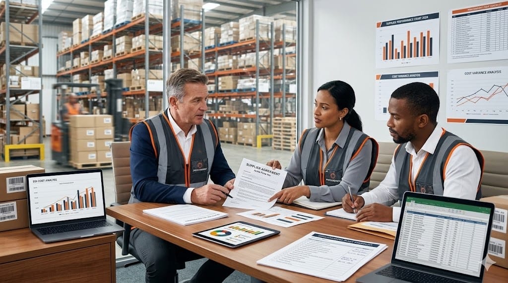 Procurement executive reviewing supplier contracts and inventory data in manufacturing warehouse office