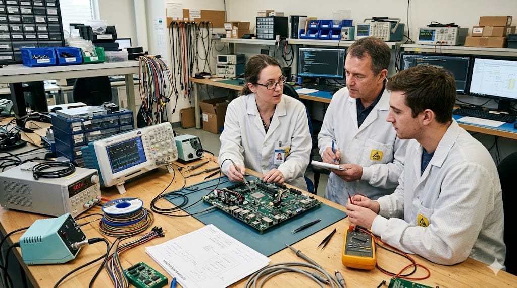 engineers working on hardware prototype in electronics lab during leadership evaluation