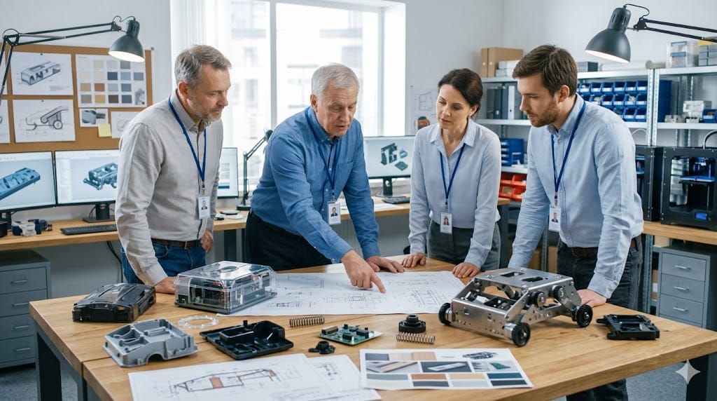 engineering leaders reviewing hardware product design prototypes and technical drawings on table