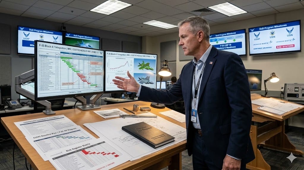 Seasoned VP of Programs candidate reviewing complex defense contract timelines and engineering blueprints during aerospace executive interview in high-security corporate facility.