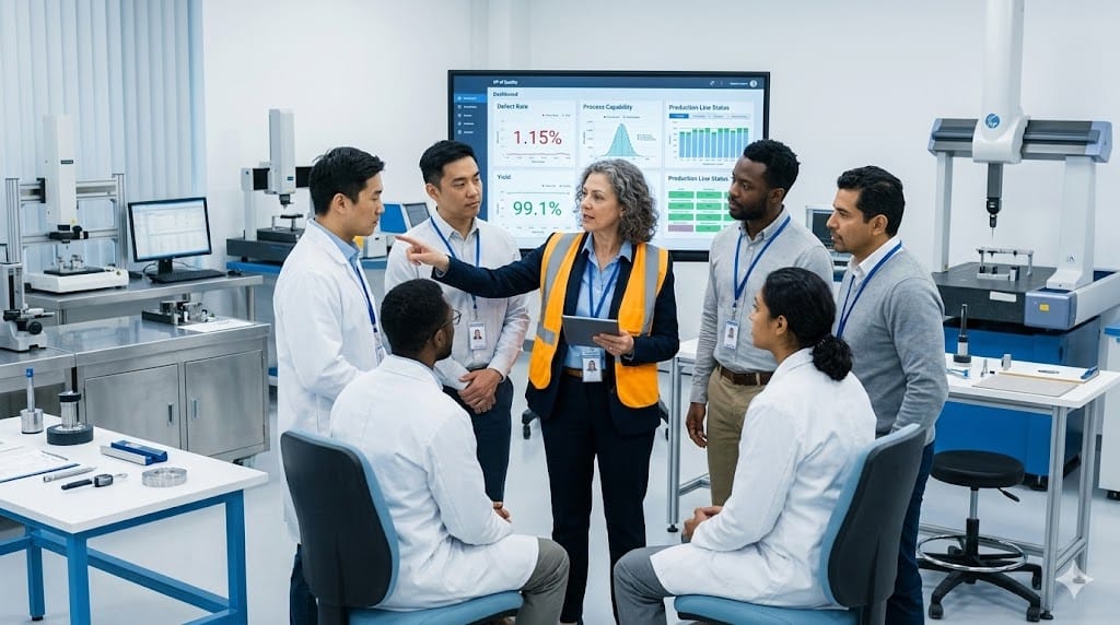 A realistic, eye-level shot of a modern manufacturing quality control lab. In the foreground, a diverse team of quality engineers and a VP of Quality are gathered around a large screen displaying real-time quality metrics (e.g., "Defect Rate < 0.5%", "Yield 99.8%"). The lighting is bright and clinical, highlighting the sterile environment. The palette should be a mix of cool whites, soft blues, and the warm orange of a safety vest, avoiding the typical cold, sterile blues and grays.