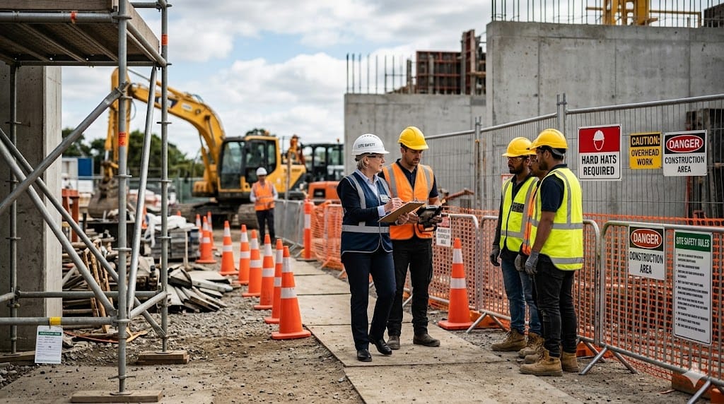 Construction safety leader inspecting jobsite with workers wearing protective equipment