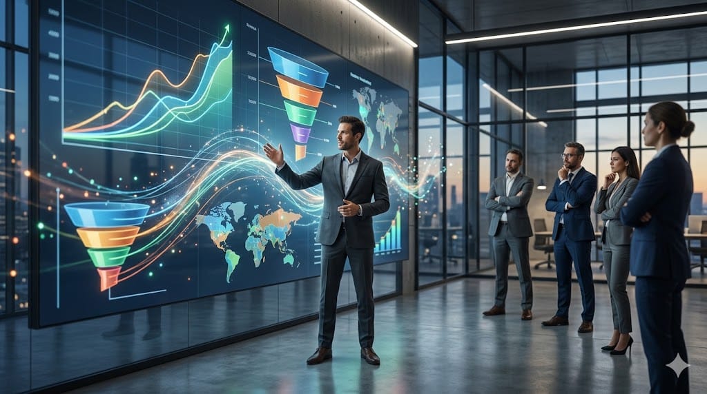 Private equity team evaluating a VP of Sales candidate through dynamic sales performance visuals and growth strategy analysis