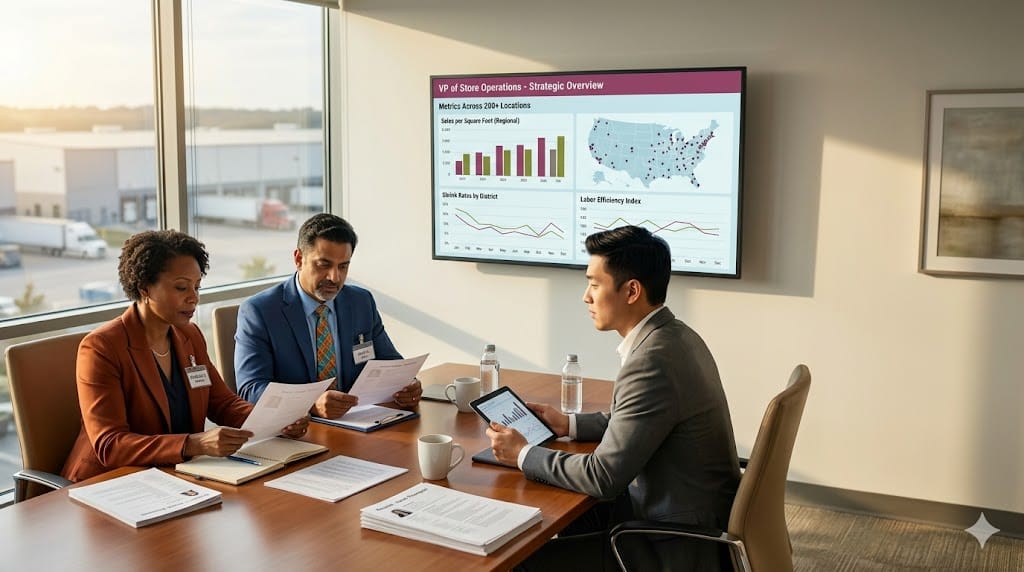 retail executives interviewing VP of Store Operations candidates while reviewing multi-unit performance metrics in a modern conference room.