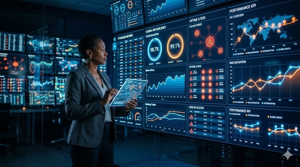 Measuring VP success using resiliency metrics with performance dashboards, risk indicators, and operational analytics screens