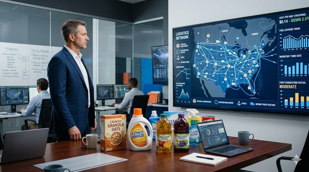 VP of Supply Chain reviewing logistics network and cost analysis dashboards in consumer packaged goods company