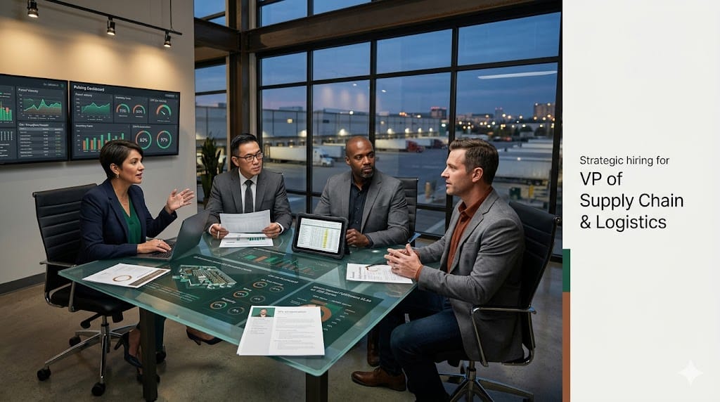 retail executives interviewing VP of Supply Chain candidates while reviewing omnichannel logistics performance metrics and network optimization strategies.
