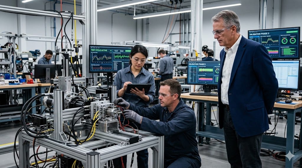 Senior engineering leader reviewing product testing and validation process in lab