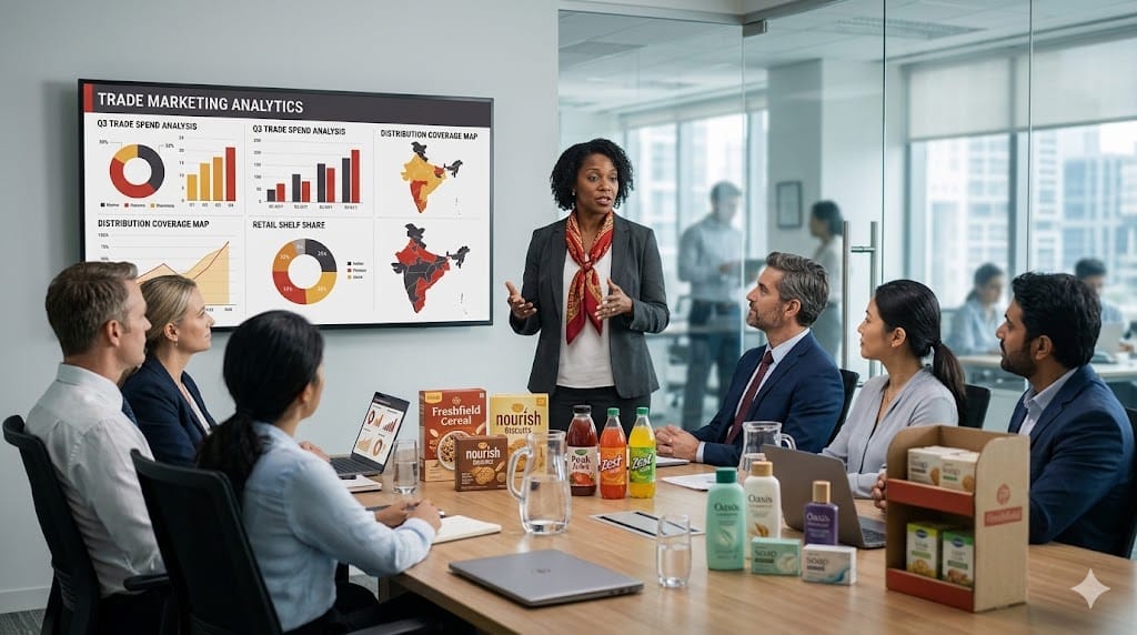 VP of Trade Marketing discussing retail strategy with team reviewing product displays and sales data in CPG company office