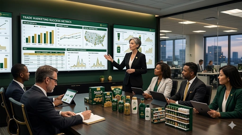 Trade marketing executive analyzing KPI dashboard with retail sales metrics, charts, and performance indicators in CPG company office