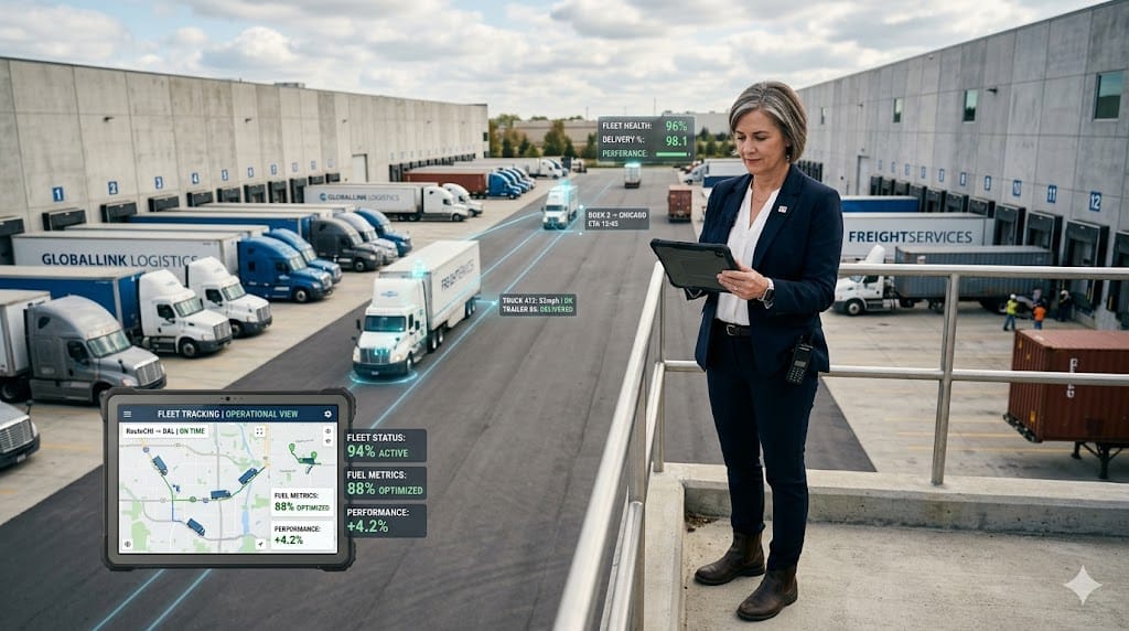 Supply chain transportation executive reviewing fleet operations with trucks, logistics yard, and digital tracking dashboards in a professional logistics environment