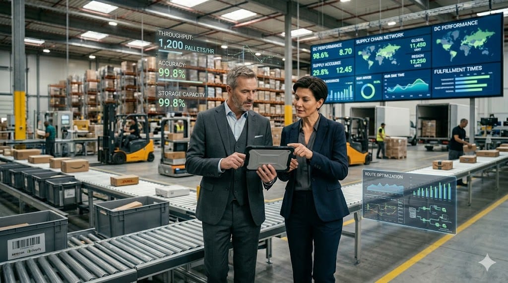 Interview and evaluation for VP of warehouse operations inside distribution center with racks, forklifts, and logistics activity in background
