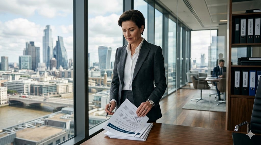 Professional corporate executive reviewing regulatory documents in a modern office, representing VP of Compliance and Regulatory Affairs leadership.