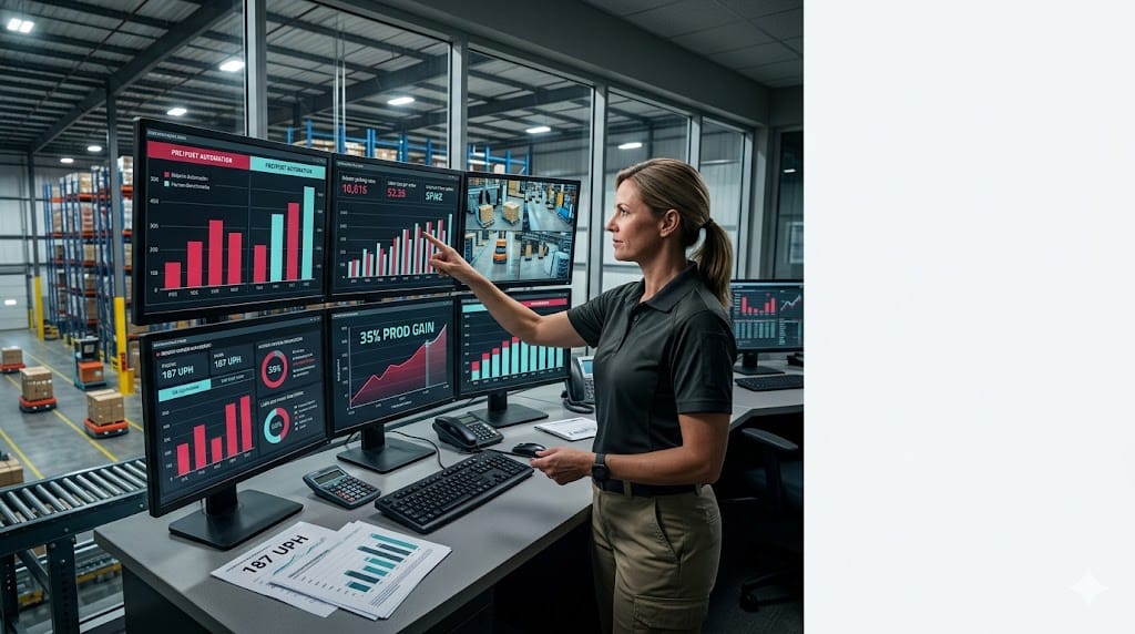warehouse managers monitoring automation ROI through labor productivity metrics like picks per hour and units per labor hour on advanced dashboards.