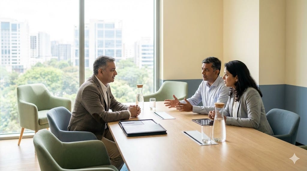 Confident food and beverage executive candidate reviewing a strategic growth presentation in a bright modern headquarters setting, symbolizing competitive talent acquisition in 2026.