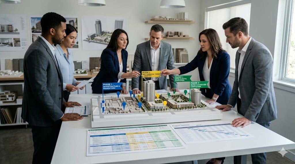 Project executives reviewing multi-phase construction model and budget allocation plan