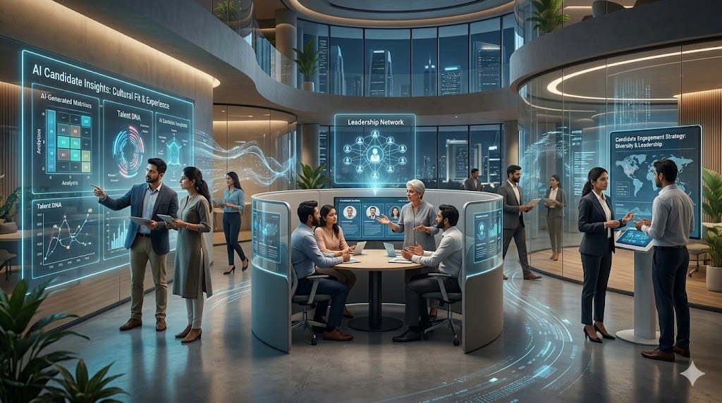 A diverse executive recruiting team collaborating with AI tools, highlighting technology-driven insights while preserving human judgment