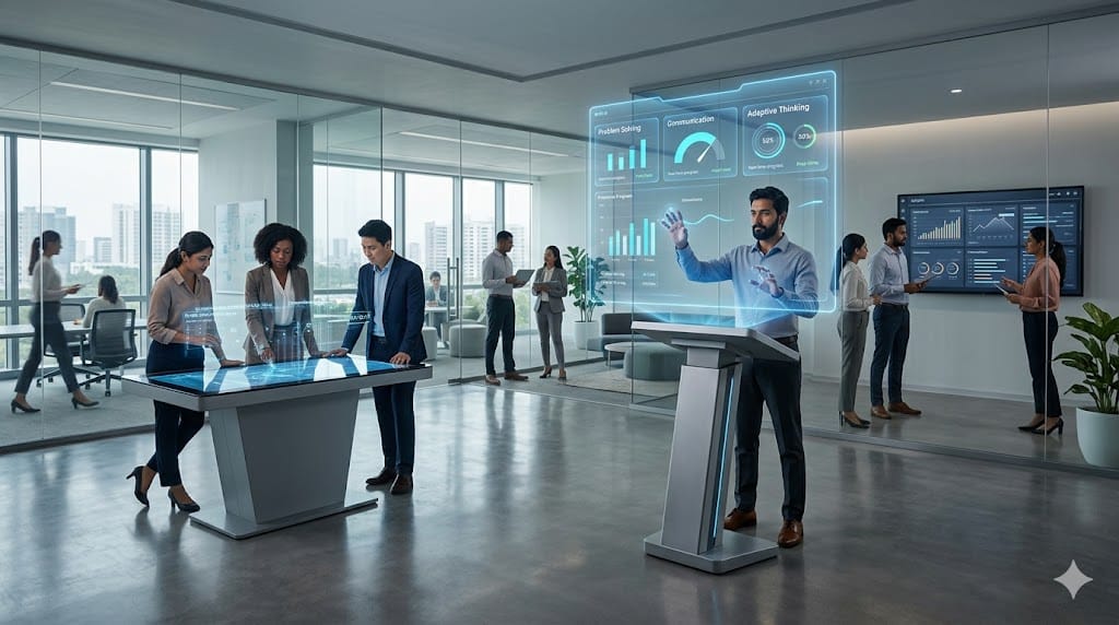 Professionals engaging in interactive assessment simulations with digital dashboards and AI-driven insights, highlighting modern evaluation methods over traditional interviews.