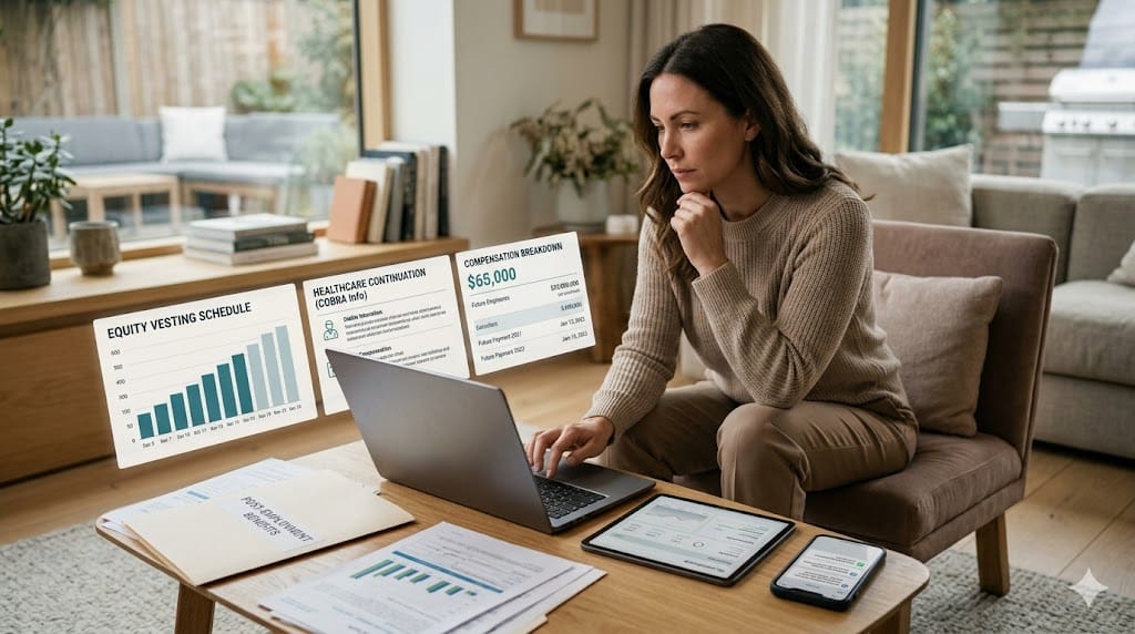 Professional reviewing post-employment benefits with digital dashboards showing equity vesting timelines, healthcare continuity, and compensation breakdowns.