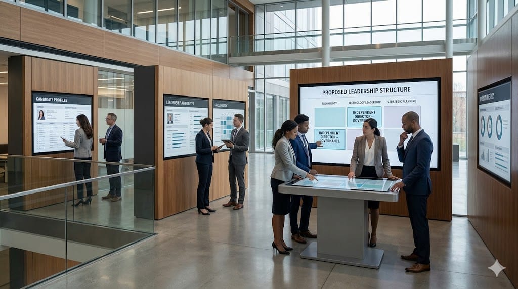 A group of professionals evaluating and assembling a diverse board of independent directors through a structured selection process