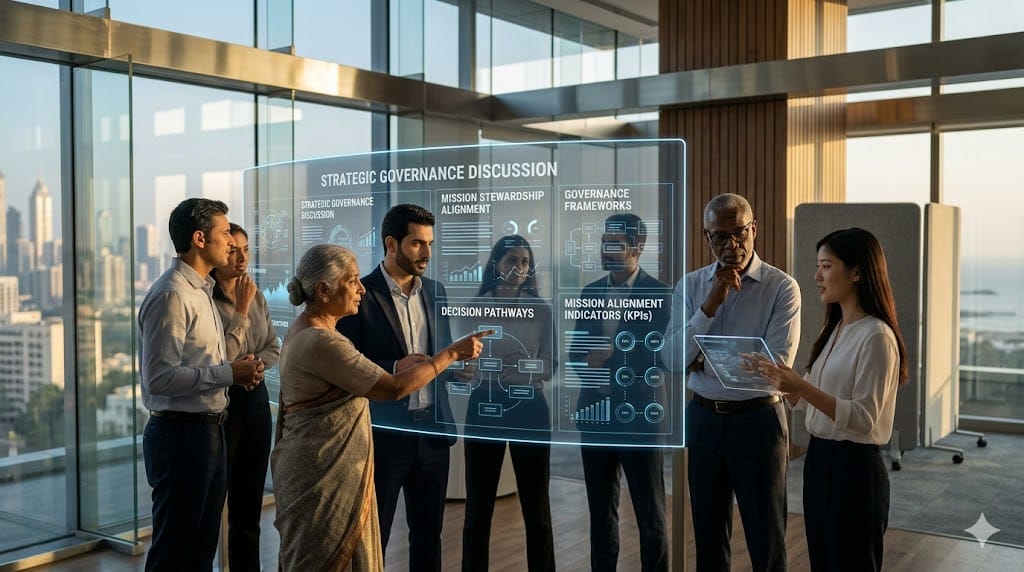 Board members collaborating in a strategic session with visual governance frameworks and mission alignment indicators in a modern, purpose-driven environment.