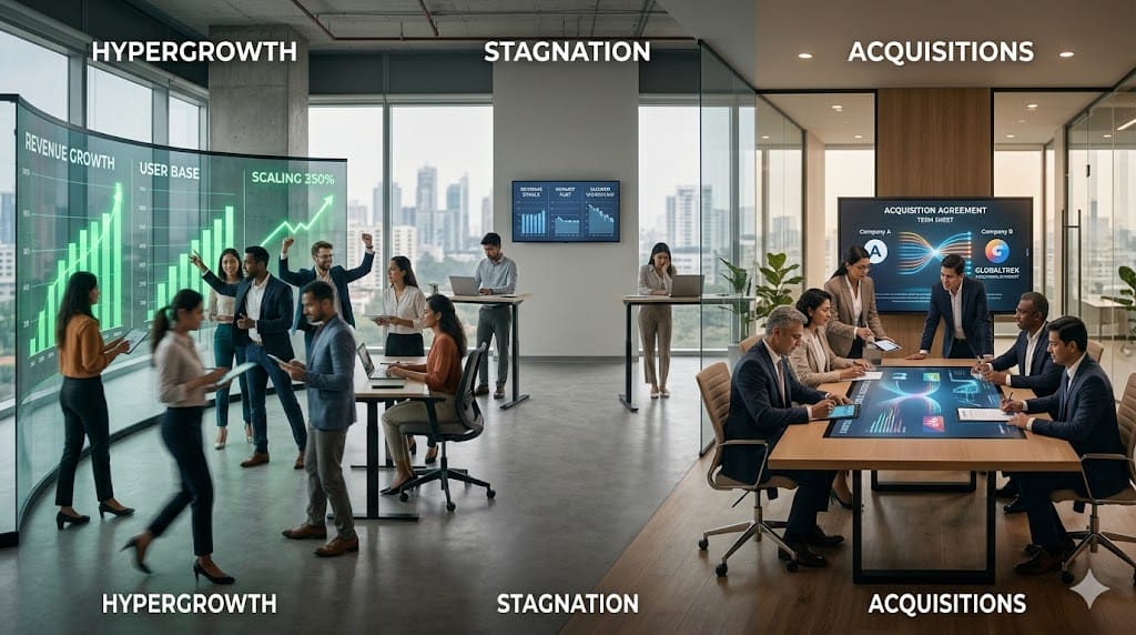 Contrasting business scenarios showing rapid growth, stagnation, and corporate acquisition through dynamic visual elements like rising charts, paused workflows, and merger interactions