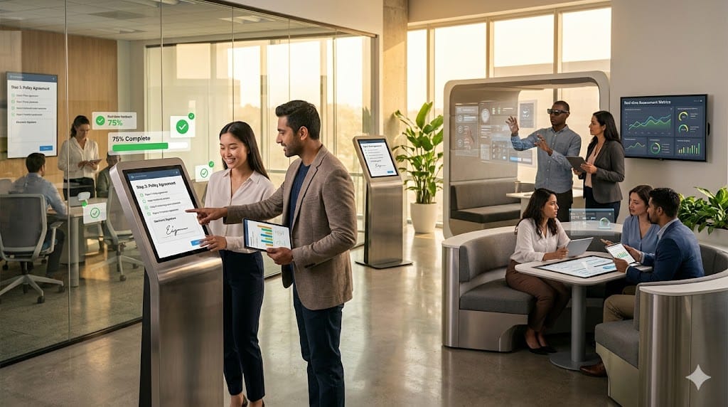 HR professionals guiding candidates through a smooth digital onboarding process with interactive screens, tablets, and real-time feedback, emphasizing positive candidate experience and structured implementation protocols