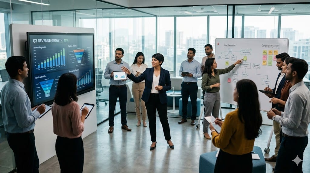 Senior executive leading a revenue strategy discussion with dynamic sales dashboards, growth charts, and cross-functional team collaboration in a modern business setting.