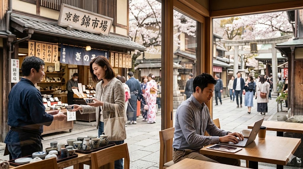 Couple adapting to a new cultural environment with one partner exploring local surroundings while the other engages in a professional transition using a laptop and digital tools