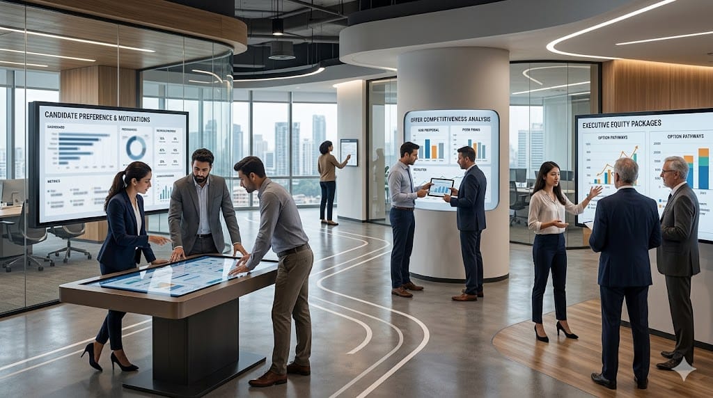 A team actively negotiating and engaging with top executives to secure high-value hires, demonstrating strategy and collaboration