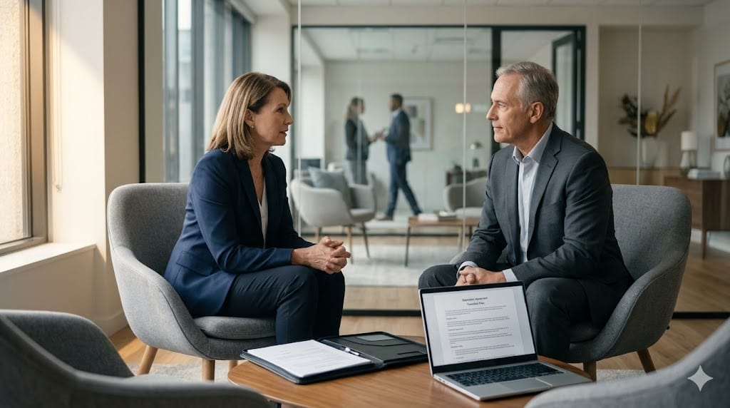 HR leader conducting a respectful executive exit conversation in a private, professional setting with legal documents and a calm, structured atmosphere.