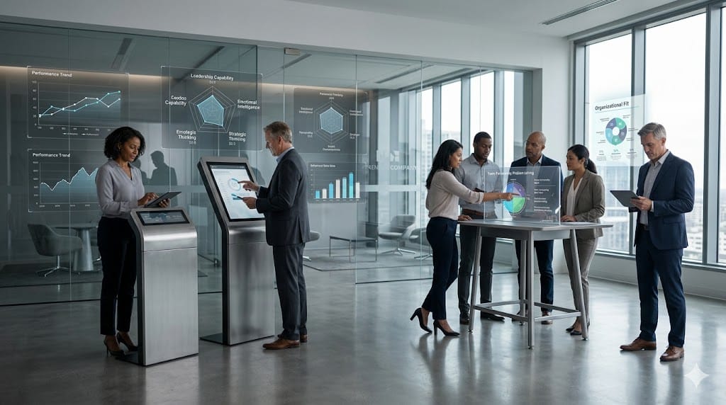 Executives in a professional setting taking psychometric assessments on digital devices, with charts and data visualizations appearing in the air, showing analytical evaluation and decision-making