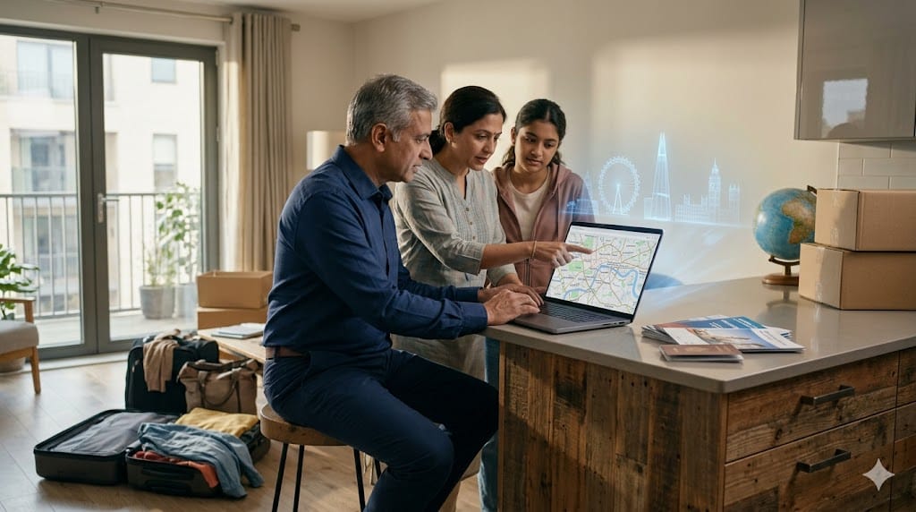 Senior executive reviewing relocation plans with family while digital maps, city skylines, and logistics visuals highlight career transition and relocation decisions.