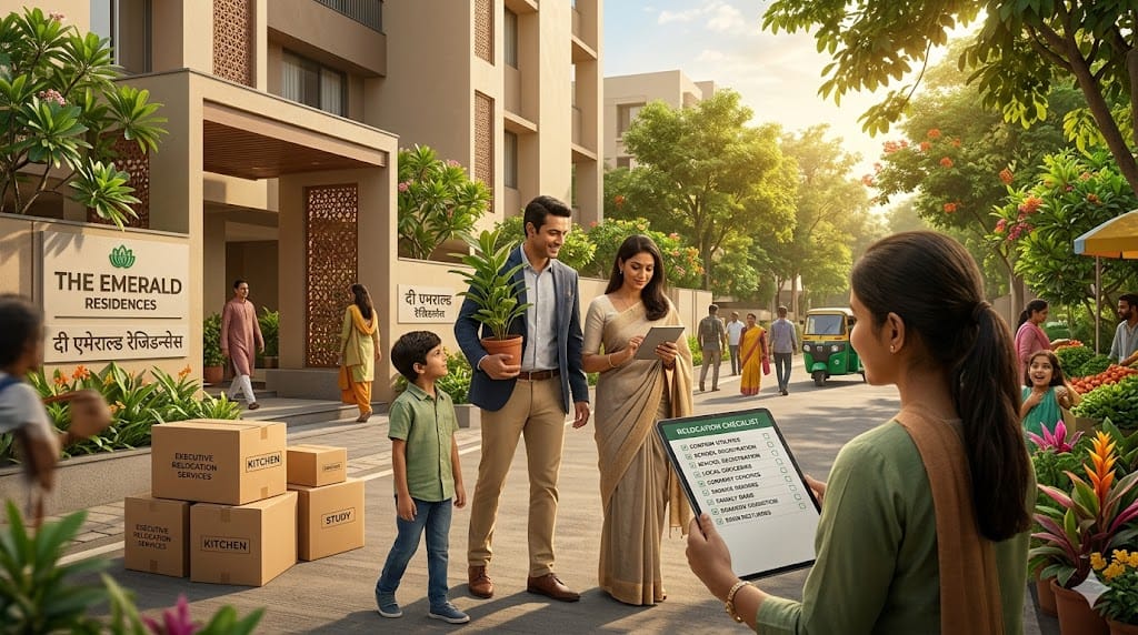 Executive family settling into a new city with children exploring the surroundings, symbolizing smooth family integration during an international work assignment