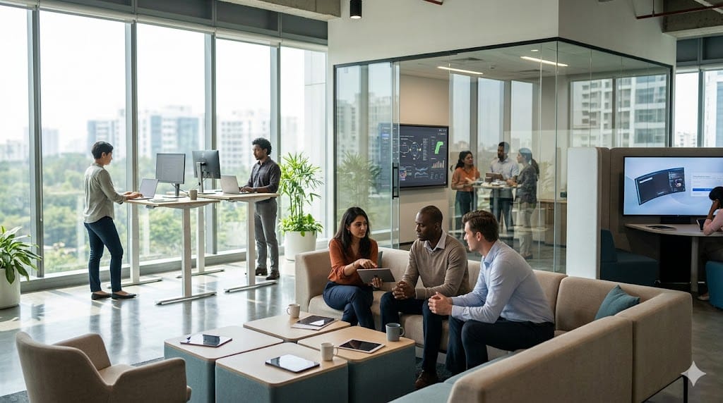 Diverse professionals collaborating in a modern, flexible workspace with standing desks, lounge areas, and digital collaboration tools, highlighting work models that large corporations can’t match