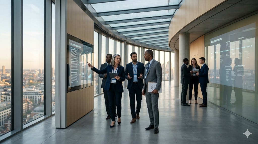 Business leaders engaging with government officials in a formal yet modern setting, with policy documents and regulatory frameworks visualized through digital interfaces