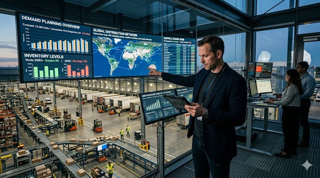 Senior supply chain leader analyzing demand forecasts and S&OP data with integrated logistics networks, inventory flows, and predictive planning tools.