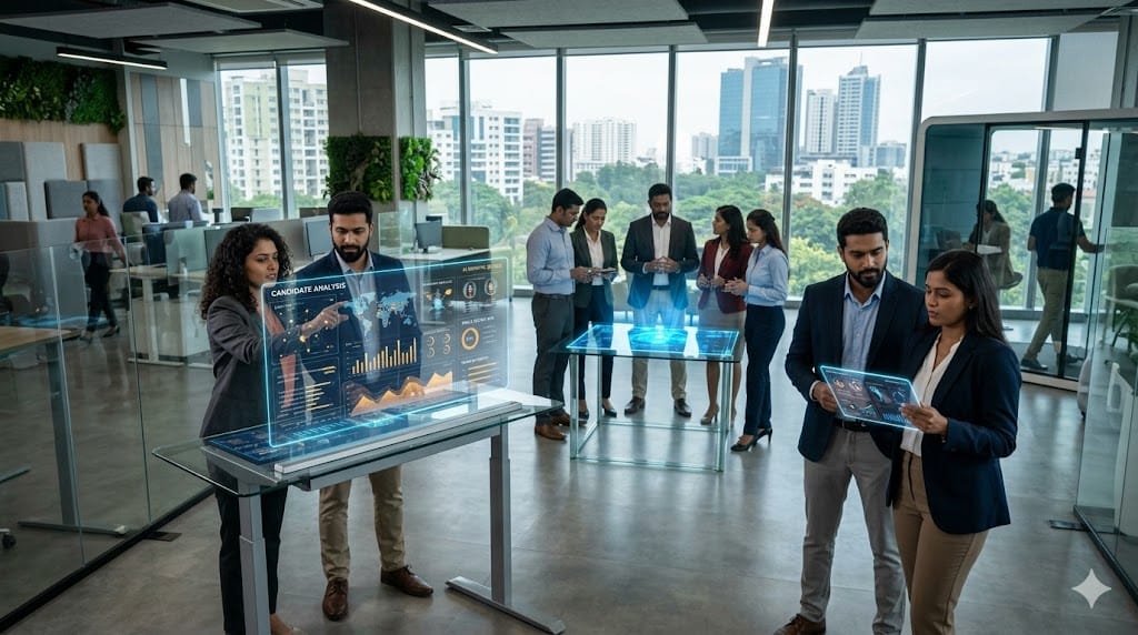 A modern office with humans collaborating alongside AI-powered holographic interfaces, showcasing augmented intelligence and human oversight in decision-making.