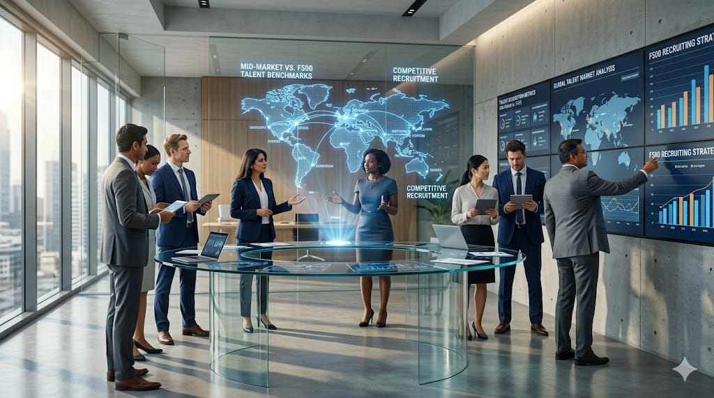 Executives from mid-market and large companies in a dynamic strategy session with digital charts and global business data, illustrating competition for top talent