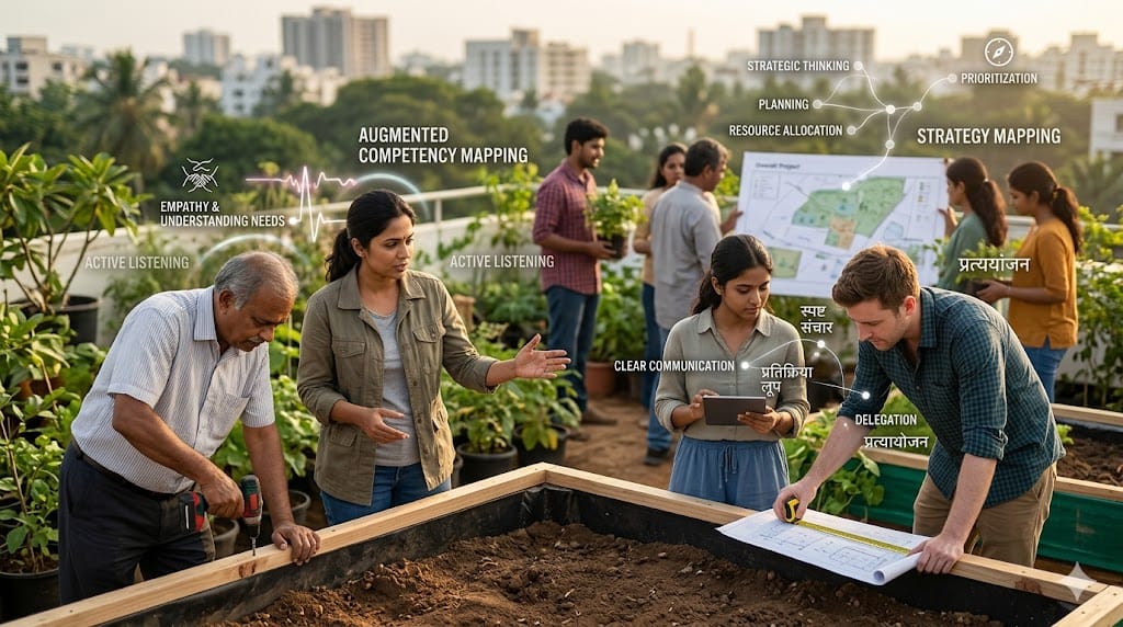 Leader guiding a diverse team during a purpose-driven activity, with subtle visual overlays highlighting key leadership competencies like empathy, vision, and collaboration