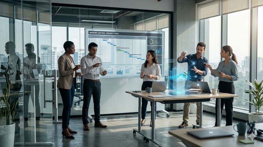 A dynamic team taking initiative on a project, collaborating around interactive digital boards and flexible workspaces, emphasizing mission ownership over rigid corporate bureaucracy