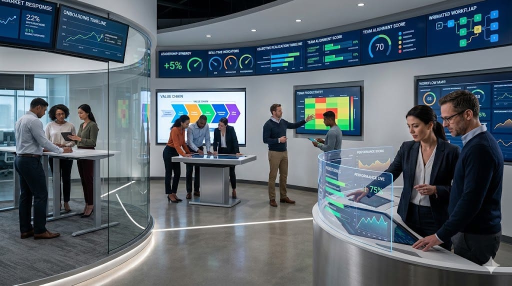 A team overseeing new executive integration, tracking performance metrics and accountability to secure strategic value after hiring