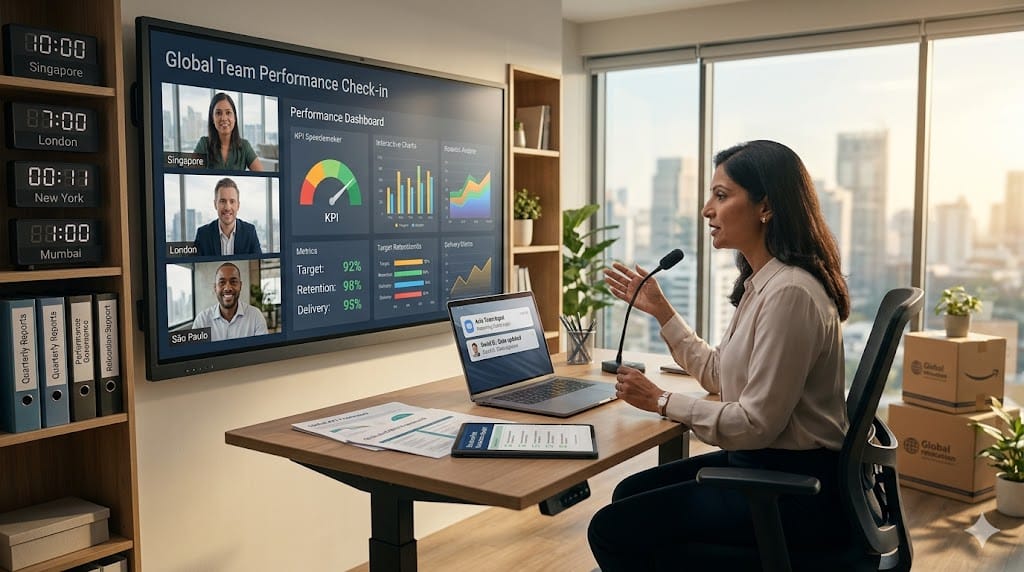 Relocated executive engaging in a virtual performance review with global team members, supported by digital dashboards and real-time analytics in a modern home workspace.