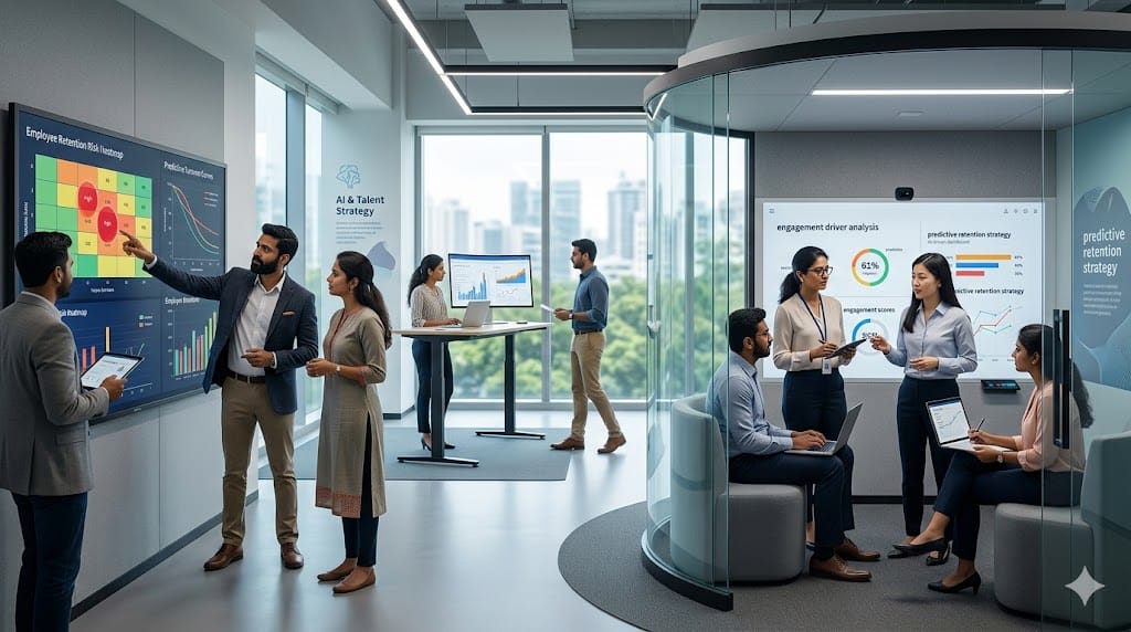 A diverse HR and executive team analyzing predictive retention data to identify turnover risks and develop proactive strategies