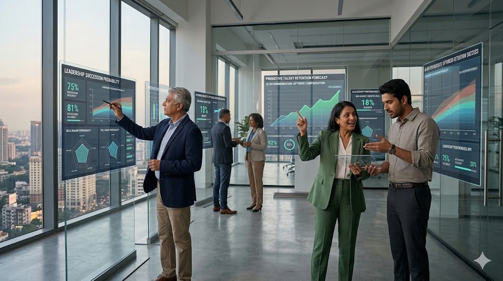 Business leaders analyzing predictive analytics models with dynamic data visualizations forecasting leadership performance and success outcomes.