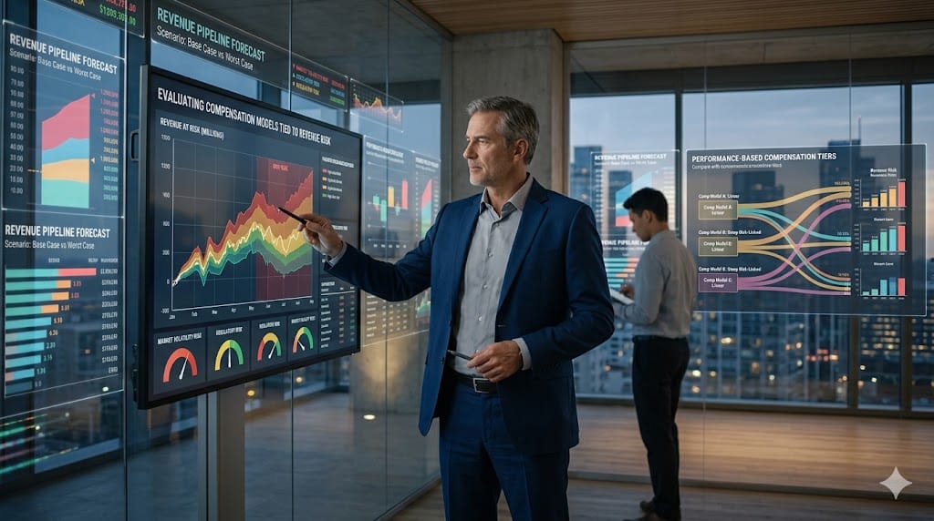 Executive analyzing compensation structures with dynamic risk indicators, fluctuating revenue charts, and performance-linked incentives displayed on advanced digital interfaces