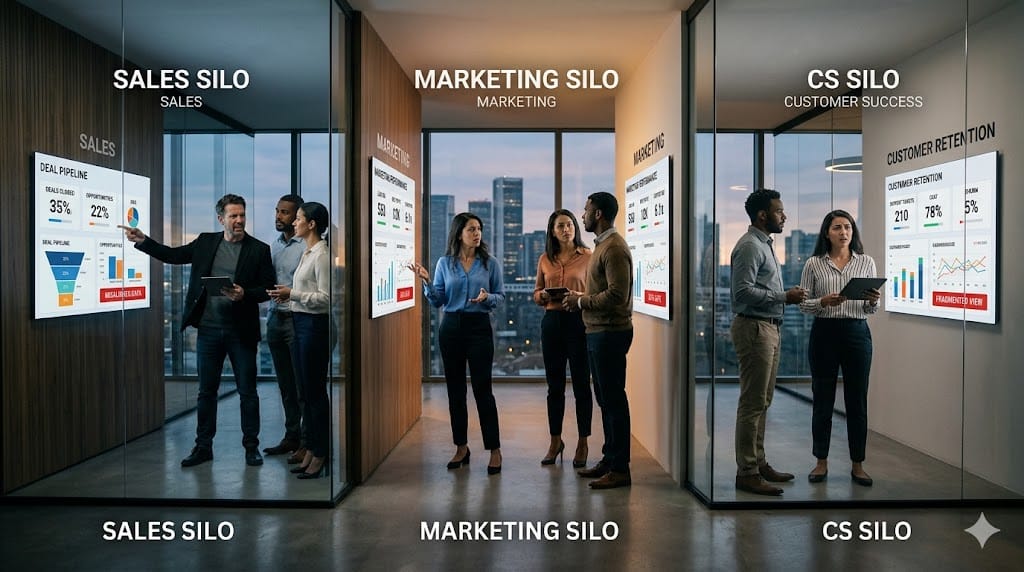 Disconnected teams in sales, marketing, and customer success working in separate zones with fragmented data flows, highlighting communication breakdown and silo failure