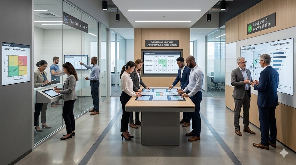 A team applying a structured scoring matrix to evaluate candidates with precision in a dynamic, multi-zone assessment environment