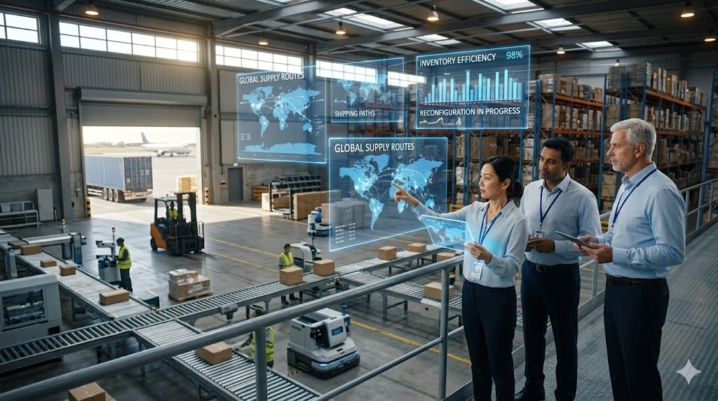Business leaders overseeing supply chain transformation with digital logistics maps, warehouse operations, and global distribution networks in motion
